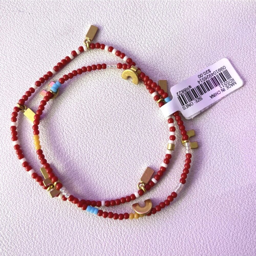 NWT MADEWELL Set of 2 Seed Bead Bracelets Red Gold Blue 7" Boho Stack Stretch - Picture 2 of 3